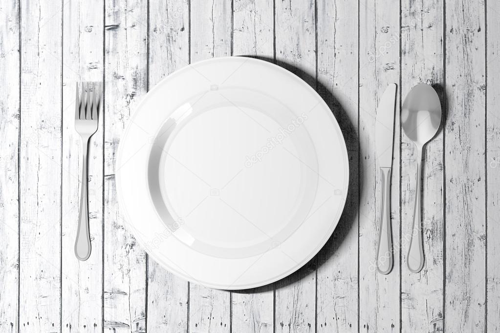 3d table setting with white empty plate, fork knife and spoon