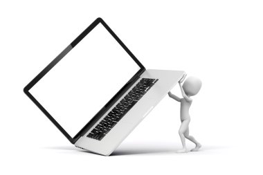 3d adam tutarak büyük dizüstü bilgisayar, iş kavramı