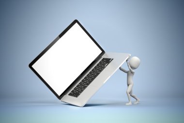 3d adam tutarak büyük dizüstü bilgisayar, iş kavramı