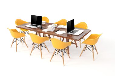 3D modern bilgisayar çalışma alanı, konferans masası