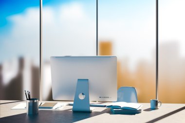 3D office çalışma alanı içinde belgili tanımlık geçmiş manzarası ile