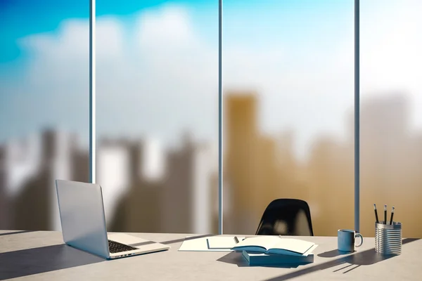 3d office workplace with skyline in the background — Stock Photo, Image