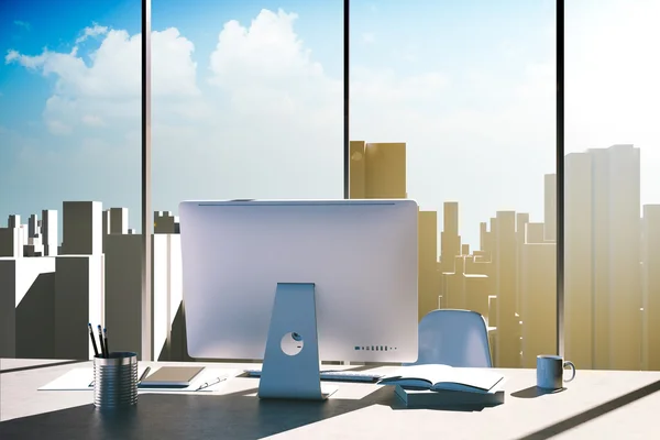 3D-office werkplek met skyline in de achtergrond — Stockfoto