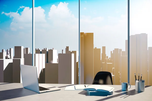 3D-office werkplek met skyline in de achtergrond — Stockfoto