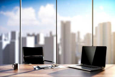 3D office çalışma alanı ile şehir manzarası içinde belgili tanımlık geçmiş