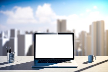 3D office çalışma alanı ile şehir manzarası içinde belgili tanımlık geçmiş