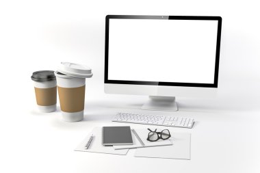 3D render-işyeri Kur dizüstü belgelerle ve kahve bardağı