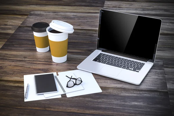 3d render-workplace setup with laptop documents and coffee cups — Stock Photo, Image