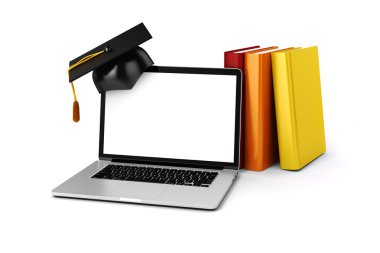 3D laptop ve beyaz zemin üzerine kitaplar