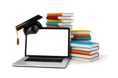 3D laptop ve beyaz zemin üzerine kitaplar