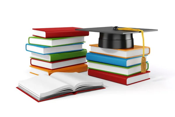 3d книги и студенческая шапка на белом фоне — стоковое фото