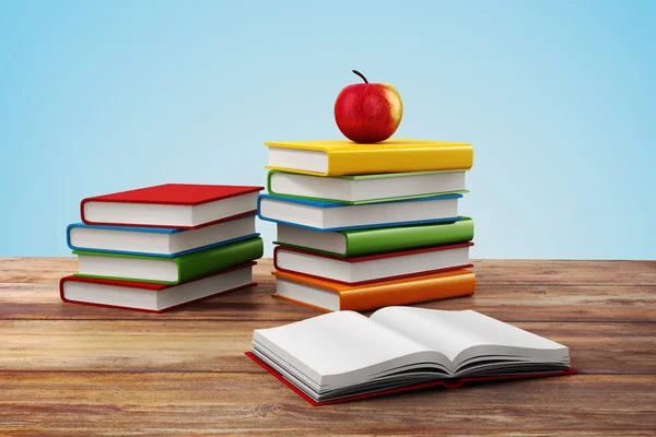 3D-boeken en apple, school achtergrond — Stockfoto