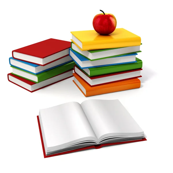 3D-boeken en apple, school achtergrond — Stockfoto