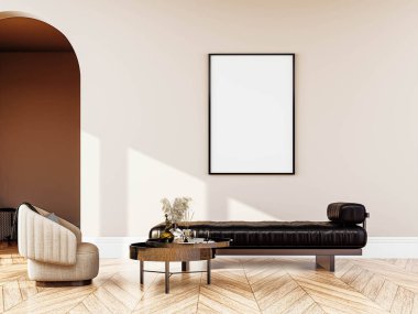 3 boyutlu iç mekan, şık bir kanepe ve duvarında boş bir çerçeve. Sanat eserleri, baskılar, posterler veya iç tasarım ve dekor kavramları için ideal.