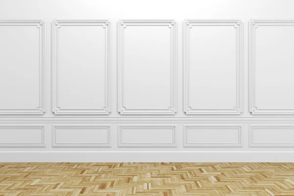 3D render van witte klassieke interieur met houten vloer — Stockfoto