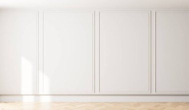 Ahşap zemin ve beyaz duvarlı 3 boyutlu boş iç döşeme