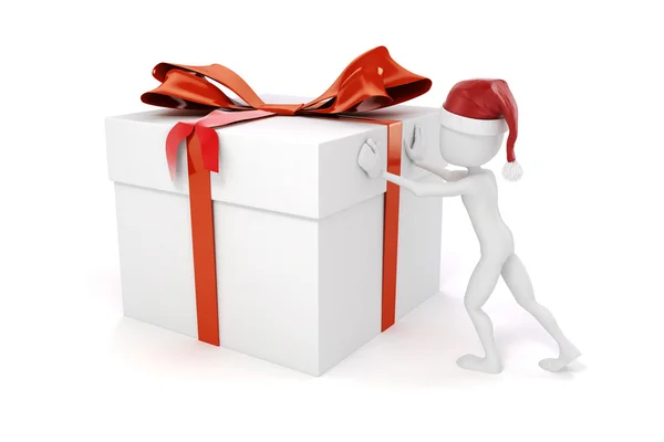 3d man pushing a big present box — Stock Photo, Image