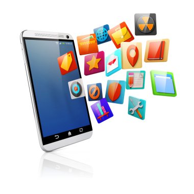 3D akıllı telefon ve renkli simgeler