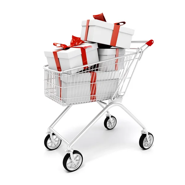 3d shopping cart and present boxes — Stock Photo, Image