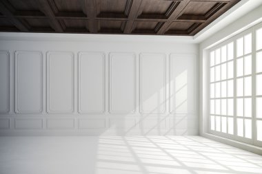 beyaz duvarlar ve ahşap tavan Kur ile güzel iç 3D render