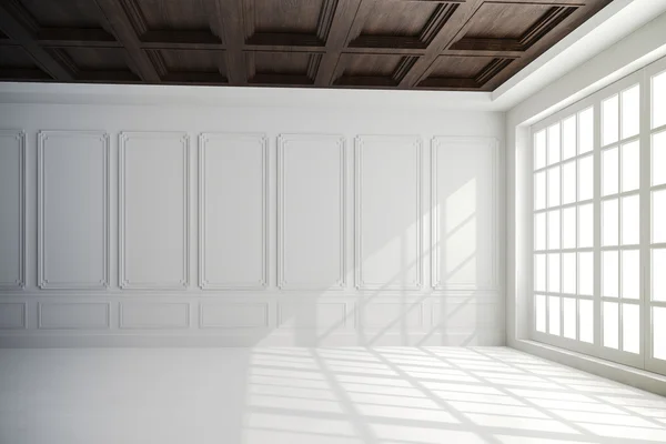 3D визуализация красивого интерьера с белыми стенами и деревянными потолками — стоковое фото