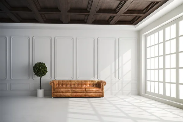 3d renderizado de hermoso interior con paredes blancas y configuración de techo de madera —  Fotos de Stock