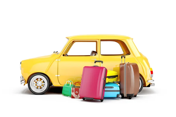 3D cartoon auto en bagage, reizen concept — Stockfoto