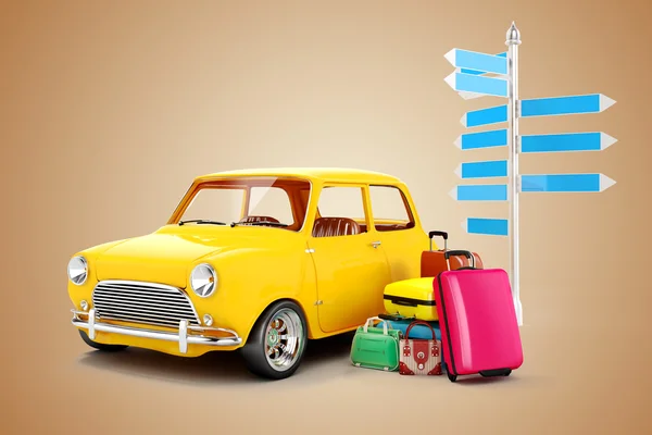 3d coche de dibujos animados y equipaje, concepto de viaje — Foto de Stock