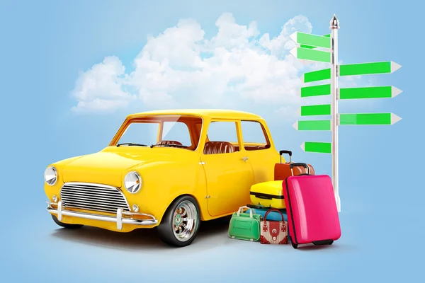 3D cartoon car i bagażu, koncepcja podróży — Zdjęcie stockowe