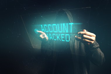 E-bank account hacked, unrecognizable computer hacker stealing p