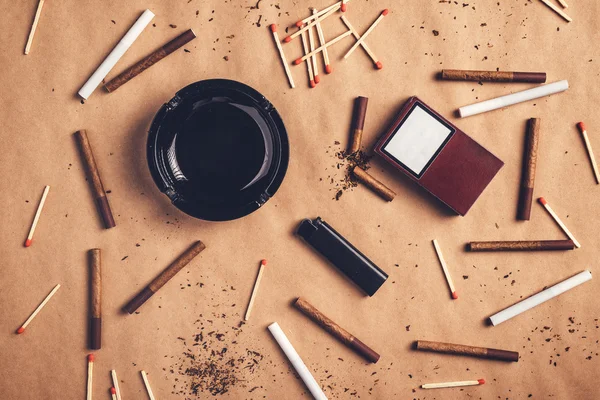 Passionate smoker flat lay table top view arrangement — Stock Photo, Image