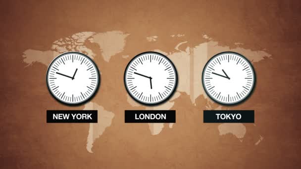 Nova Iorque, Londres e Tóquio hora, fusos horários mundiais — Vídeo de Stock