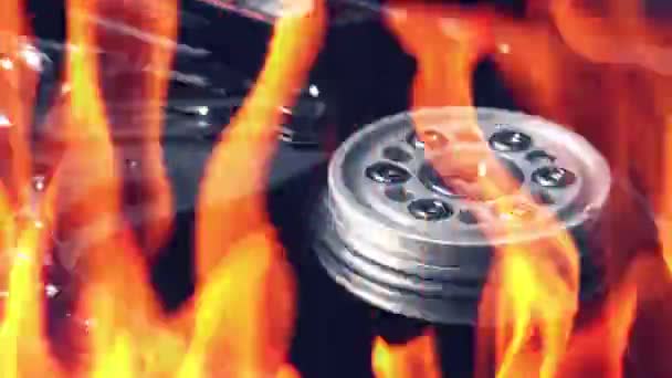 Hard disk failure, computer hdd on fire, burning in flames — Stock Video