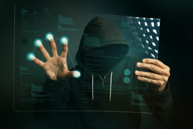 Futuristic tablet bilgisayar dev üzerinde parmak izi tanıma uygulaması