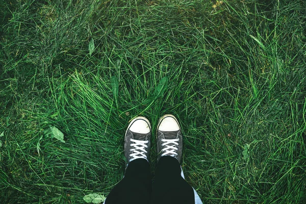 Jeune homme debout dans la pelouse d'herbe fraîchement tondue — Photo