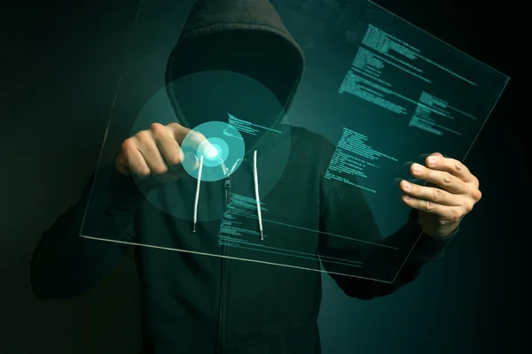Počítač s kapucí hacker hackování biometrického zabezpečení Internet syste — Stock fotografie