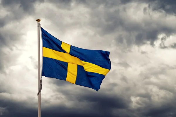 Švédský státní vlajka mávání chladného větrného dne — Stock fotografie