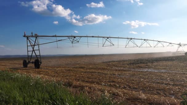 Center pivot irrigation system with drop sprinklers in field — Stock Video