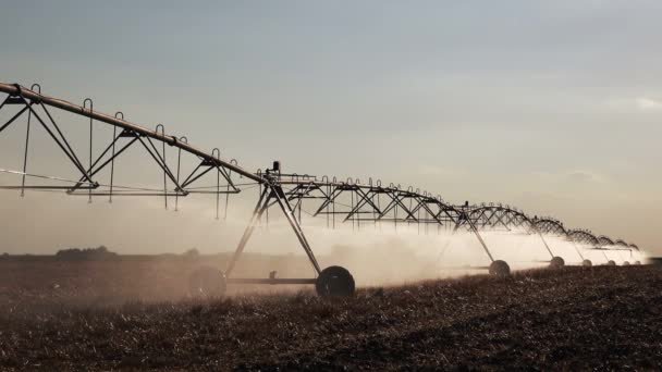 Sistema de riego por pivote central con aspersores de gotas en el campo — Vídeo de stock