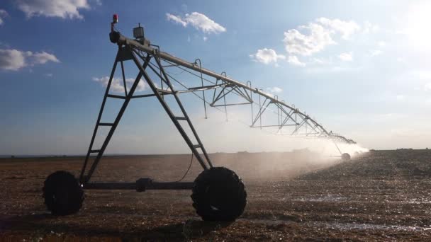 Sistema de riego por pivote central con aspersores de gotas en el campo — Vídeo de stock