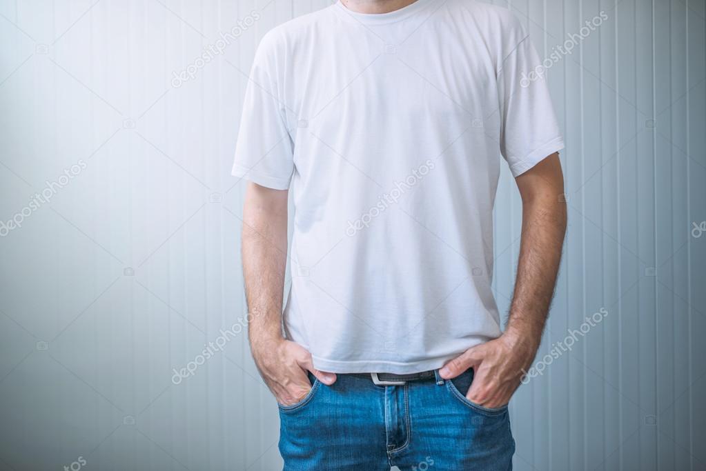 Casual adult male wearing blank white t-shirt