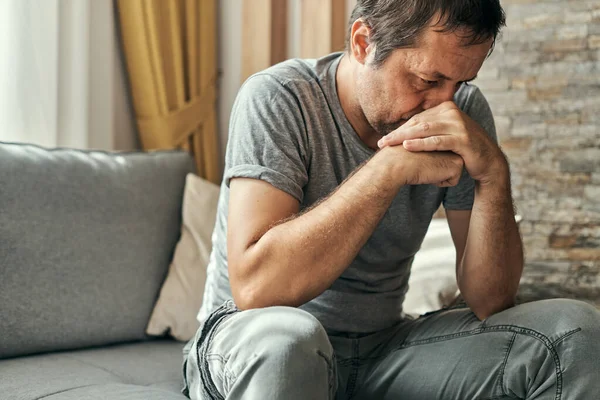 Depressed Sulking Man Sitting Alone Living Room Sofa Thinking Adult — Stock Photo, Image