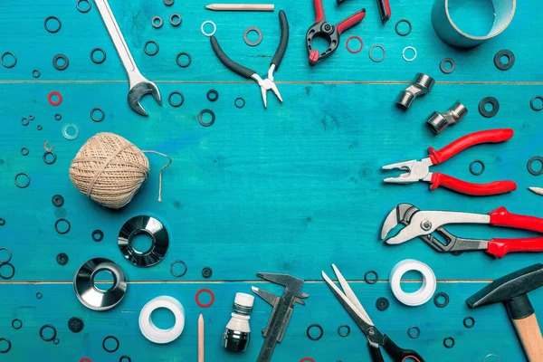 Plumbing Toolkit Work Desk Top View Flat Lay Water Pump — Stock Photo, Image