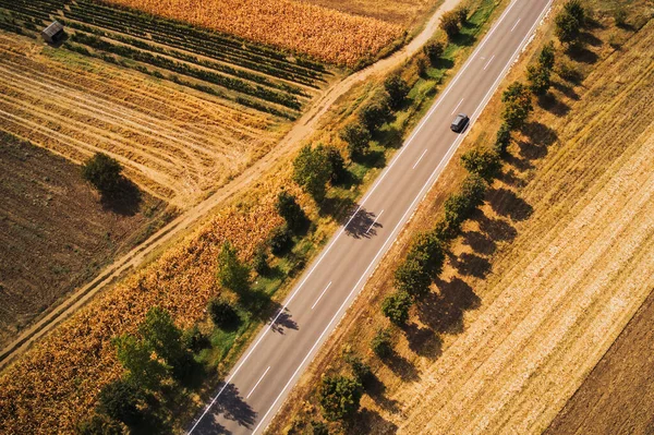 Aerial View Car Road Driving Beautiful Summer Countryside Landscape Drone — Stock Photo, Image