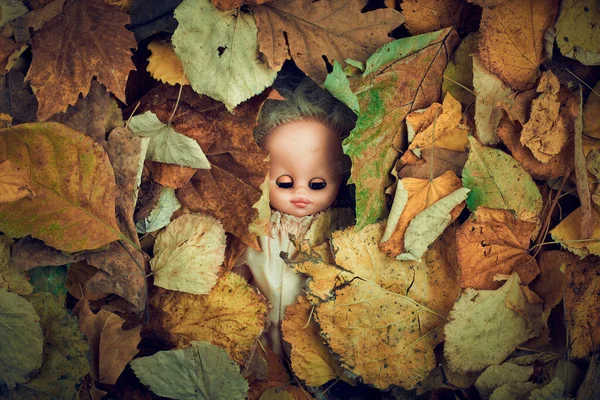 Spooky Giocattolo Bambola Vintage Foglie Asciutte Autunno Concettuale Piatto Lay — Foto Stock