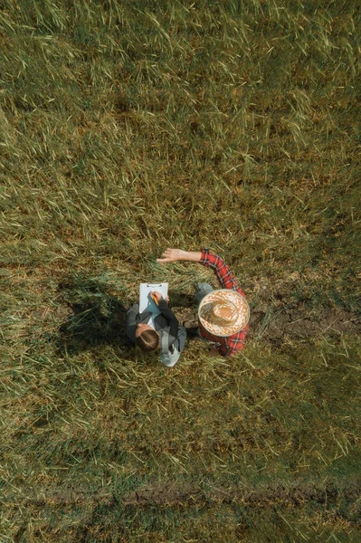 Bankier Boer Onderhandelen Bank Landbouw Lening Gerst Veld Luchtfotografie Van — Stockfoto