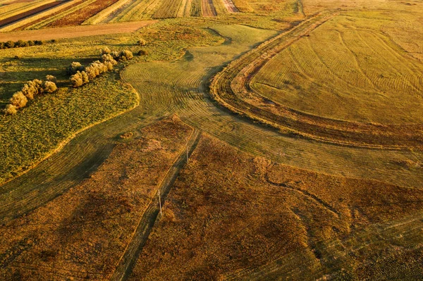 Yaz Günbatımında Kırsal Alan Manzarası Ekilmiş Tarlalar Insansız Hava Aracından — Stok fotoğraf