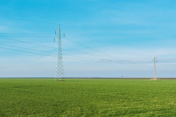 電力伝送 晴れた日の午後の田園地帯の電力線パイロン — ストック写真