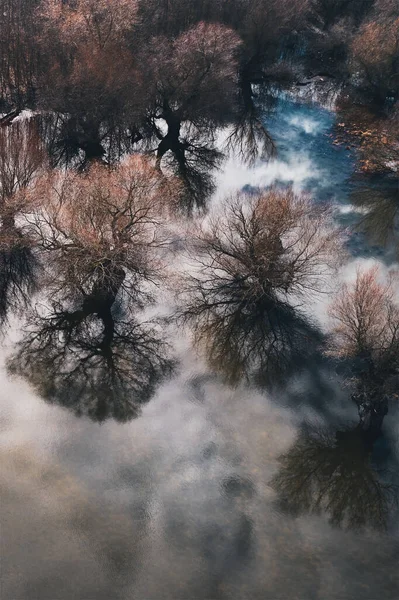 Drone Pov Dan Taşkın Ovalarının Hava Manzarası Güneşli Kış Öğleden — Stok fotoğraf