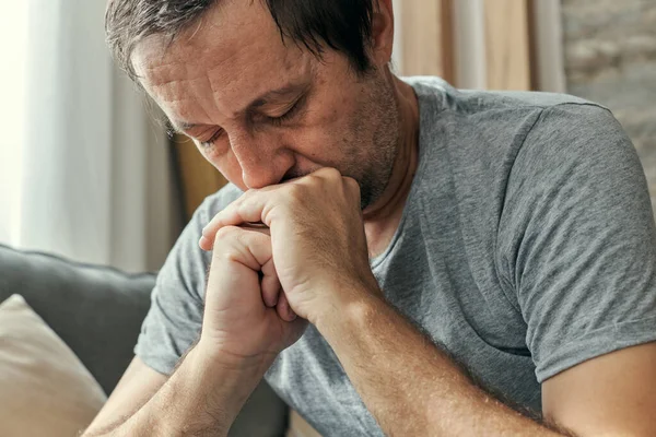 Depressed Sulking Man Sitting Alone Living Room Sofa Thinking Adult — Stock Photo, Image